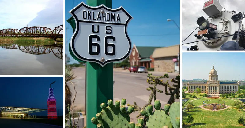 An image of a Route 66 sign in Oklahoma. Surrounded by images of different stops on Route 66.