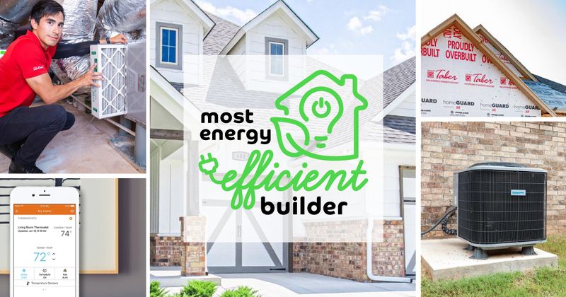 A collage of images. Top left: a man changing the air filter on a home HVAC system. Bottom left: An app on a phone with energy ratings on it. Middle: A Taber home with energy efficiency logo overlaid. Top right: Homes by Taber insulation going in a home. Bottom right: an AC unit outside of a home.