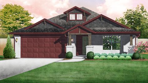 This is a Craftsman Elevation:  It offers a large covered front porch, brick column bases with cedar columns above.  The dormer and front gables are accented with a staggered shingle siding.  The windows are a 4 vertical over clear divided light pattern.