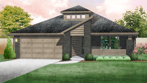 This is a Modern Elevation:  The front entry is a shed roof attached to a large covered front porch.  The clearstory has 1x8 lap siding accented to match the 1x8 lap siding at the entry.  The garage door is a XL garage door with modern carriage light fixtures.  All is accented by a painted brick front.