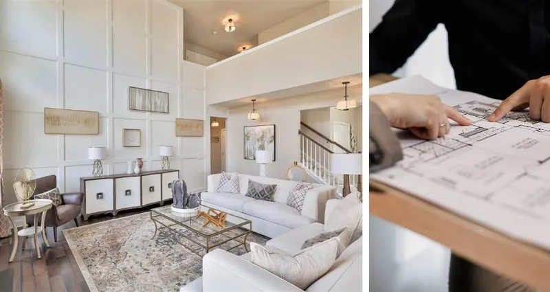 On the left, an interior image of a Kay Builders home. On the right is a person looking through floor plan options.
