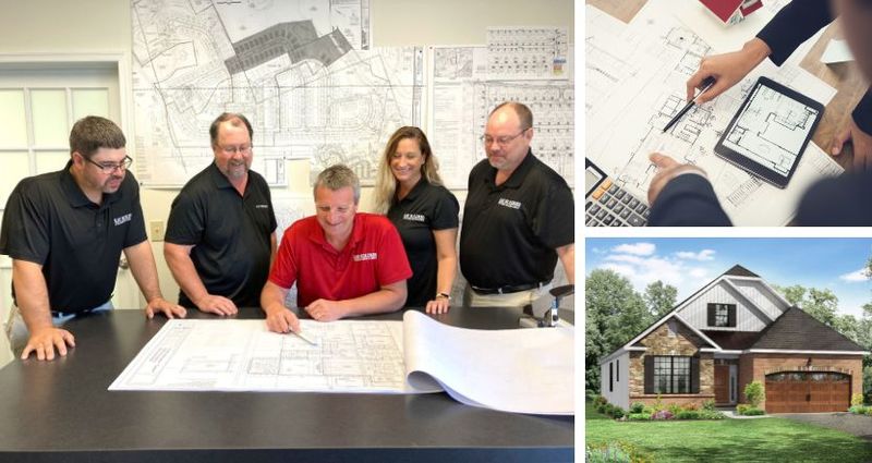 A group image of Kay Builders' design and drafting team, along with a stock image of a floor plan being designed and a Kay Builders rendering.