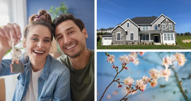 Image of new homeowners with keys, a Kay home in the spring and spring flowers
