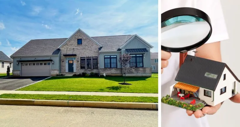 Image of exterior of a Kay Builders home on the left and a stock image of a homebuyer's guide on the right.