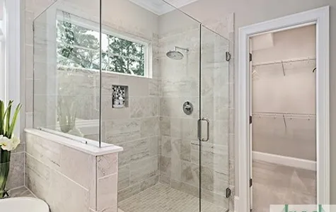 6'tiled shower with bench and curb-less entry.