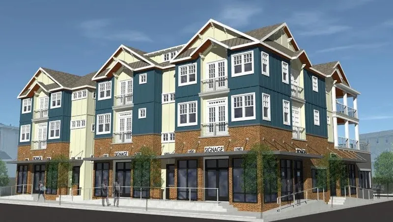 Rendering of shore condomimium homes for sale with brick exterior on lower level, blue and cream siding on upper levels