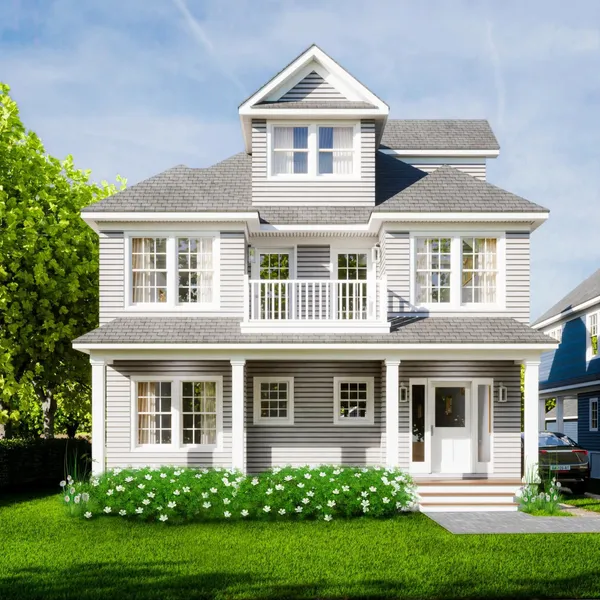 atist's rendering of 3-story home with grey siding, white trim, 2nd floor balcony, full front porch
