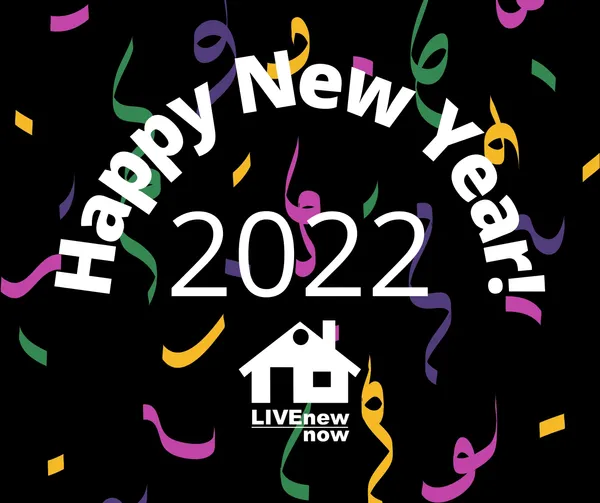 Confetti over black background with Happy new Year 2022 and LiveNewNow logo