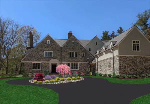 stone manor home with artist's enhanced landscaping digital rendering