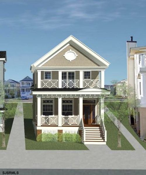 artist's rendering of Jersey shore home with tan siding, covered front porch, 2nd floor balcony