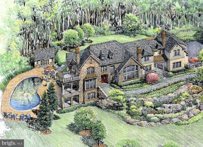 Artist's rendering of custom stone home with professional landscaping and pool