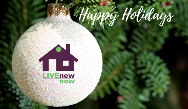 Happy Holidays white tree ornament with LiveNewNow house logo