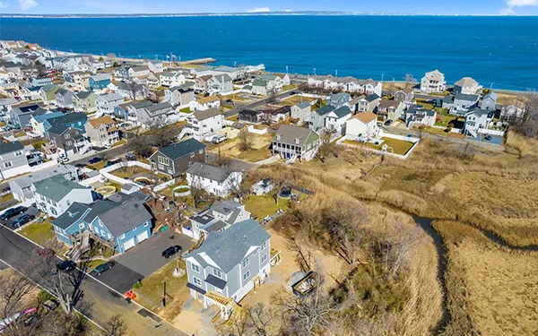 aerial view of homes near bay