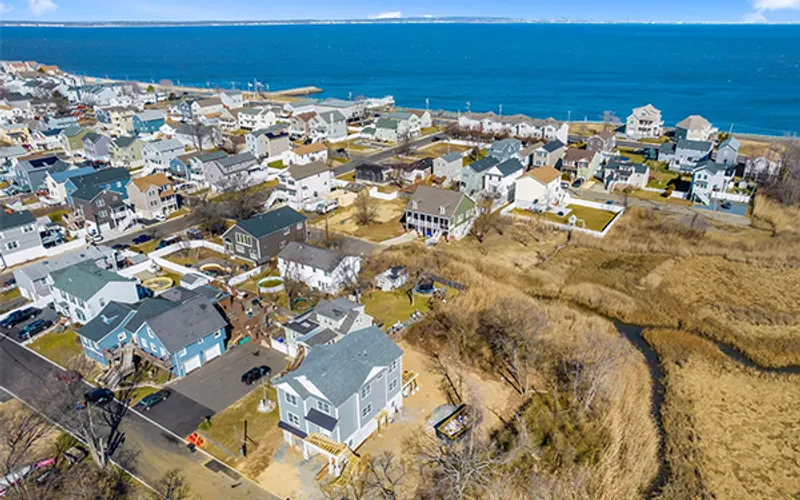 aerial view of homes near bay