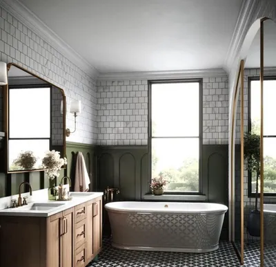 Modern vintage bathroom with green wainscoting