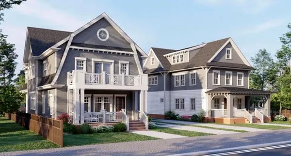 Rendering of two new 3-story grey Beach Homes with porch and deck