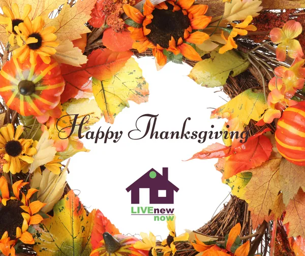 Thanksgiving wreath with Happy Thanksgiving and LiveNewNow logo