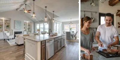 Image of a Logan Homes kitchen and a couple enjoying a date night at home.