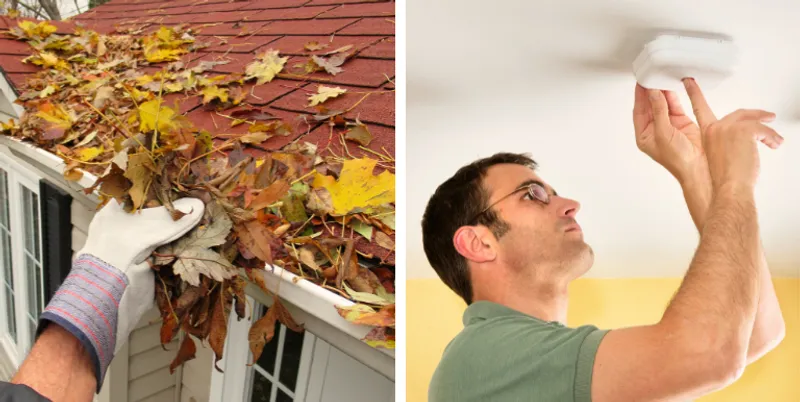 A homeowner cleaning leaves out from their gutter on the left and a homeowner checking their smoke alarm batteries on the right.