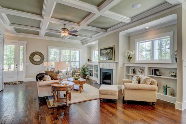 New home in Southport NC living area with coffered ceiling