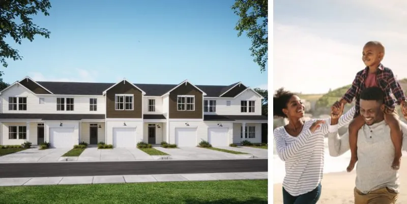 Rendering of Bishop Ridge townhomes and a stock image of a family enjoying the surrounding area.