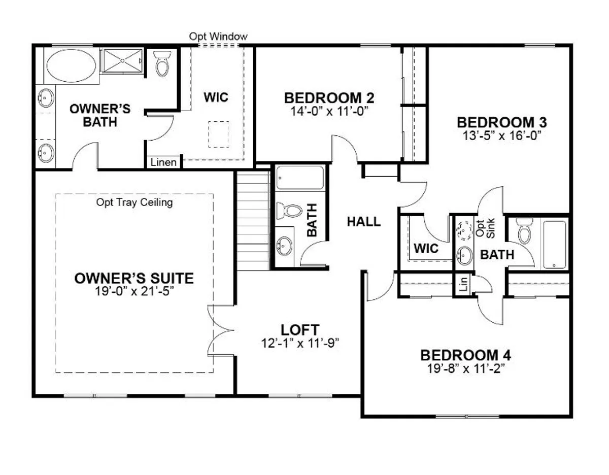 Second Floor Plan with Optional Jack and Jill Bath