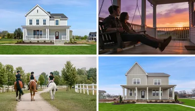 Two images of available homes in Ferry Crossing, a new home community in Poolesville. An image of a couple on their front porch sitting on a swing bench. An image of three people riding horses on a trail.