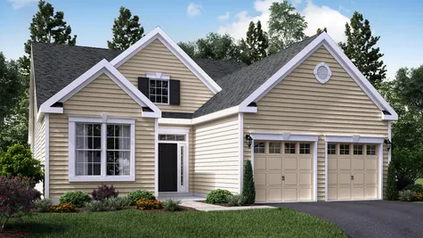 One Story Marigold Cottage active adult new home in South Jersey with cream colored siding, colonial trim, transom & sidelights around door, 2 car garage.