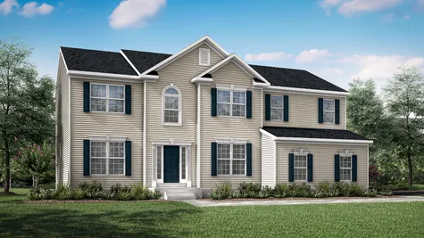 The Baldwin Grand model new home in south New Jersey has classic colonial design with cream siding, dark shutters, colonial trim and a palladian window.
