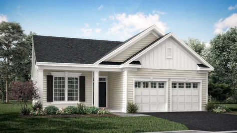 Illustration of the Zinnia Farmhouse style new home for 55+ active adults in NJ with white siding and 2 car garage.