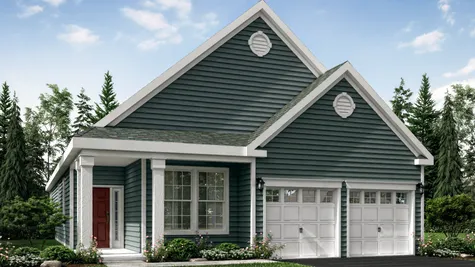 The Jasmine model home illustrated with gray siding, red front door, 2 white columns, peak roof, one story home, 2 garages.
