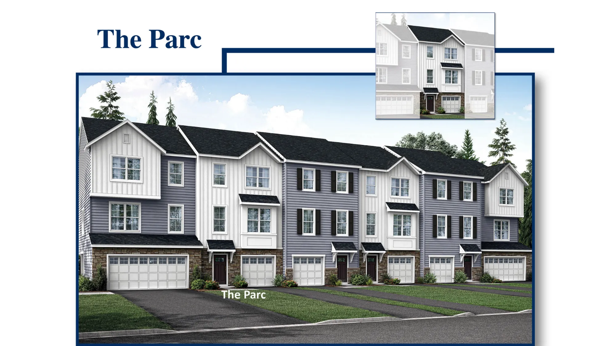 Exterior of the The Parc model new townhome in south Jersey, illustrated with 1 car garage, siding, plus stone on first floor facade.