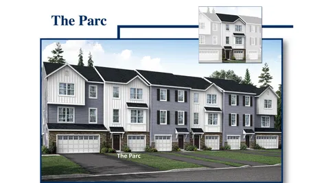 Exterior of the The Parc model new townhome in south Jersey, illustrated with 1 car garage, siding, plus stone on first floor facade.