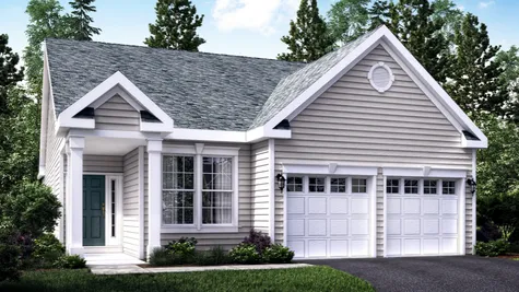 The Jasmine Cottage model home illustrated with pale gray siding,  2 white columns at entrance, peak roof, one story home, 2 garages.