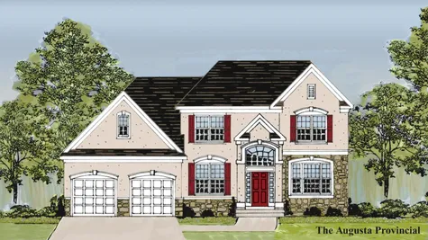 The Augusta Provincial model new home, illustrated with cream stucco, maroon shutters, tall columns surrounding front door and arched window.,
