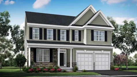 The Oakton Traditional model home in NJ illustrated with light green siding, stone accents, black shutters, front veranda, 2 car garage.