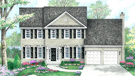 The Wexford Federal model new home in NJ illustrated with cream siding, black shutters, keystone trim over windows, central peak on roof.