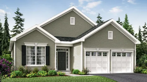 The 1 story Primrose Cottage model home for age 55+ illustrated with light green siding, colonial keystone front window.