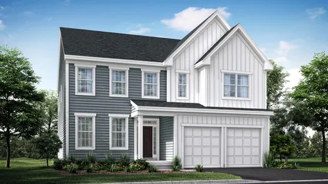 The Oakton Manor new home in NJ illustrated with gray siding, plus white siding accents around & over garage & on roof peaks.