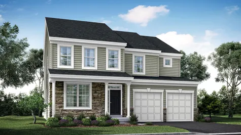 Illustration of Ashton Traditional model new home in south NJ, 2 stories with siding, stone accents on front, veranda with columns, 2 car garage.