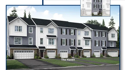 Exterior of the The Haven model new townhome in southern NJ, illustrated with 1 car garage, siding, plus stone facing around front door.