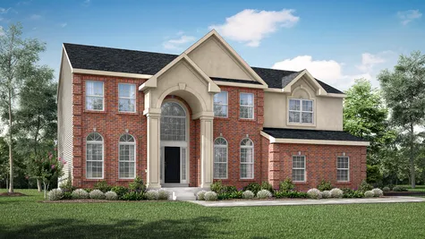 Illustrated exterior of the Baldwin Traditional model home with tan brick front, soaring two story columns, palladian window above and sidelights next to front door.