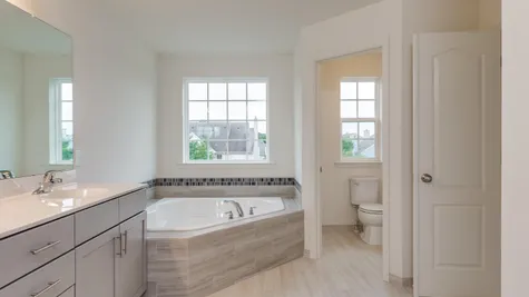 Oakton master bathroom with double sink vanity, large mirror and lights above, soaking tub, tile floor, walk-in shower.