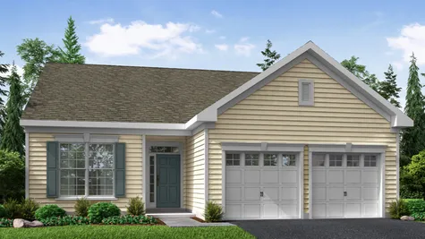 Illustration of the Zinnia Cottage style new home for 55+ active adults in NJ with yellow siding and 2 car garage.