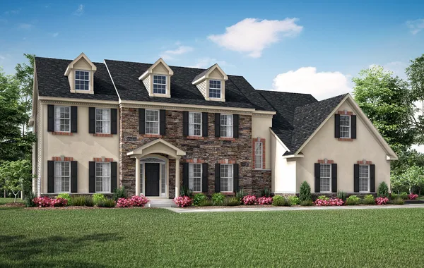 Exterior of Brandywine Manor luxury new home in South NJ with stone and stucco and dark shutters.