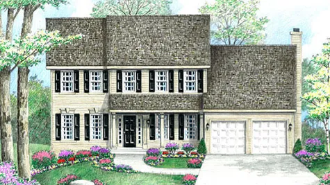 The Wexford Colonial model new home in NJ illustrated with front veranda, cream siding, black shutters & door, straight roofline.