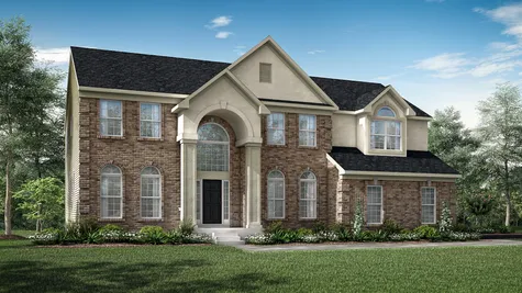 Oxford Traditional luxury new home in south Jersey with brick front, 2 story columns, peaked roof and palladian window over door, 2 car garage.