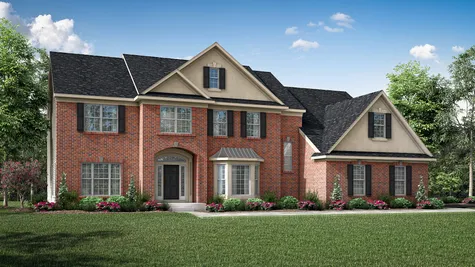 Illustration of the Brandywine Traditional new home with brick exterior, shutters, glass sidelights and burst surrounding front door.