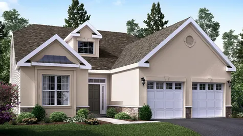 The Marigold Villa active adult home design, one story, illustrated with light tan stucco, decorative trim around front window, two car garage.
