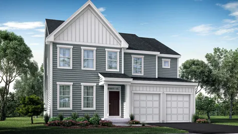 The Ashton Manor model new home, illustration, 2 stories, with gray siding, peak roofline left side of house, front door with portico.